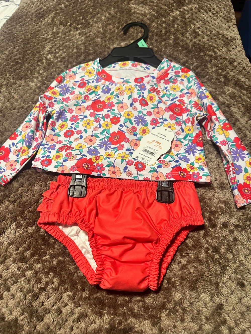 wonder nation Floral Long-Sleeve Rash Guard with Coral Swim Bottoms